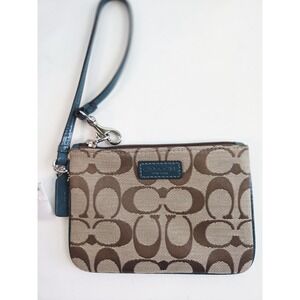 Coach F51775‎ Park Signature Jacquard Wallet Wristlet Clutch Khaki/Lagoon